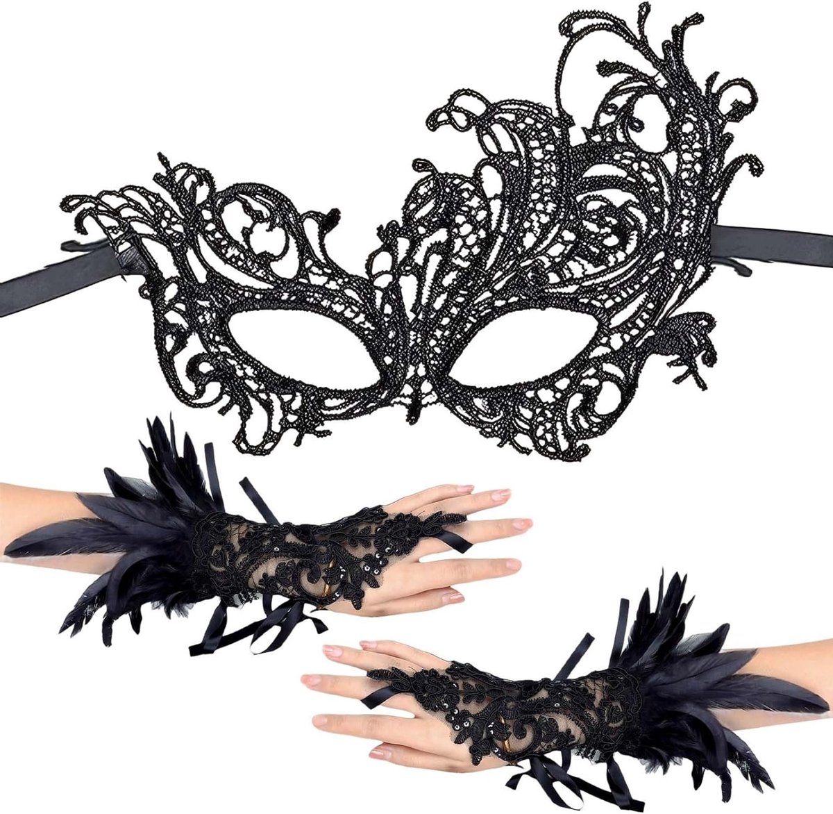 Lange Vingerloze Handschoenen - Vrouwen - Zwart - Kanten oogbedekking - Feestelijk - Handschoenen- Geschikt voor Bruiloft Halloween - Zwart Lace Handschoenen voor Maleficent Kostuum.