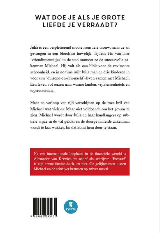 Boek met de titel 'VERRAAD', over een vrouw die bedrogen wordt. Met rode tekst en een streepjescode.