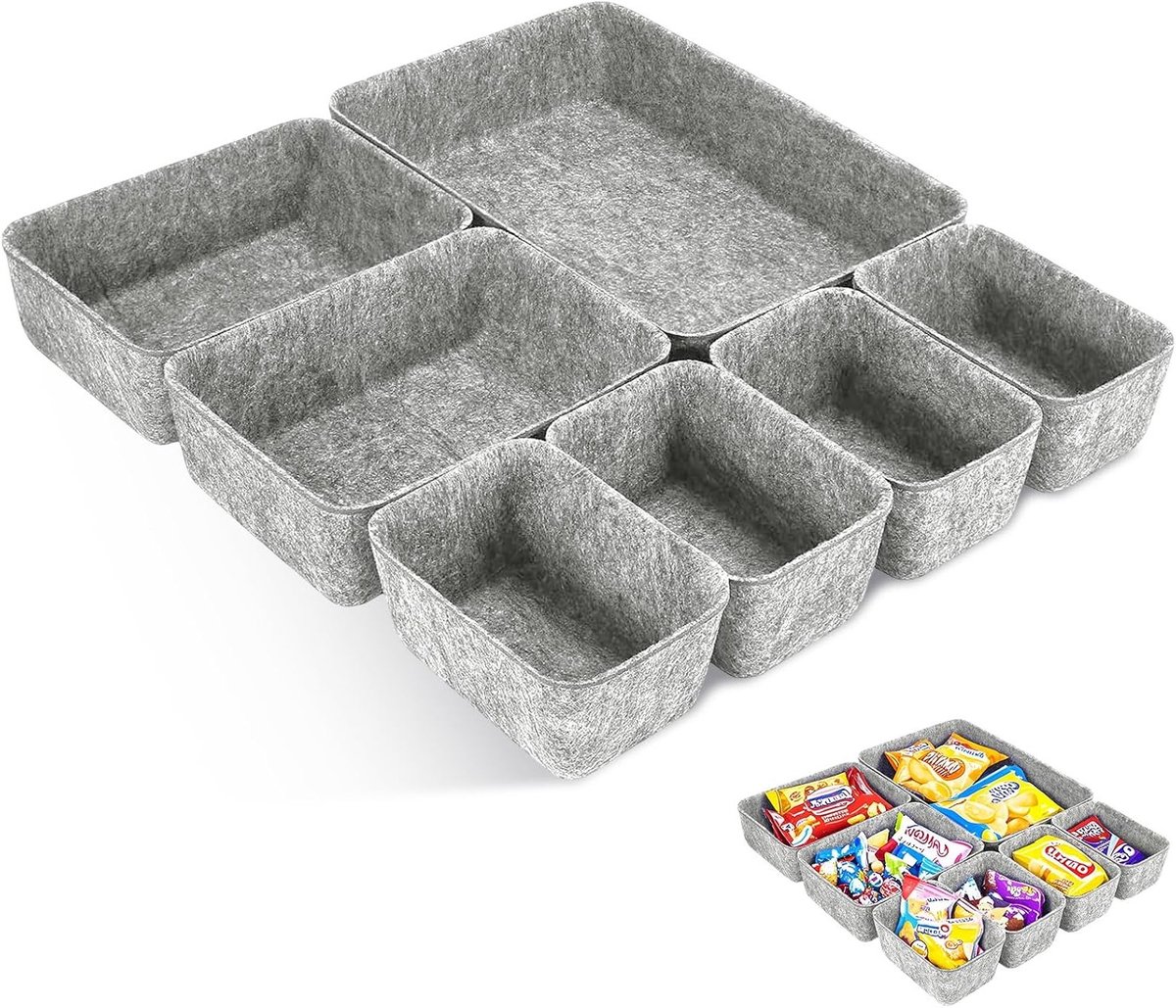 Set van 7 Vilt Stapelbare Bureau-organizers, Vierkante Lade-indelers, Duurzame Opbergdozen voor Kantoor, Make-up en Thuisgebruik, Ruimtebesparend en Functioneel