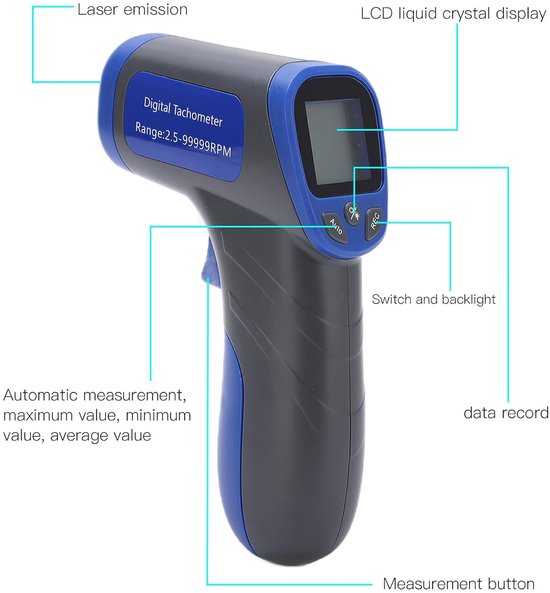Toerenteller - RPM Meter - Industriële Tests - Contactloos Meten - Groot Bereik - Zwart — afbeelding 2