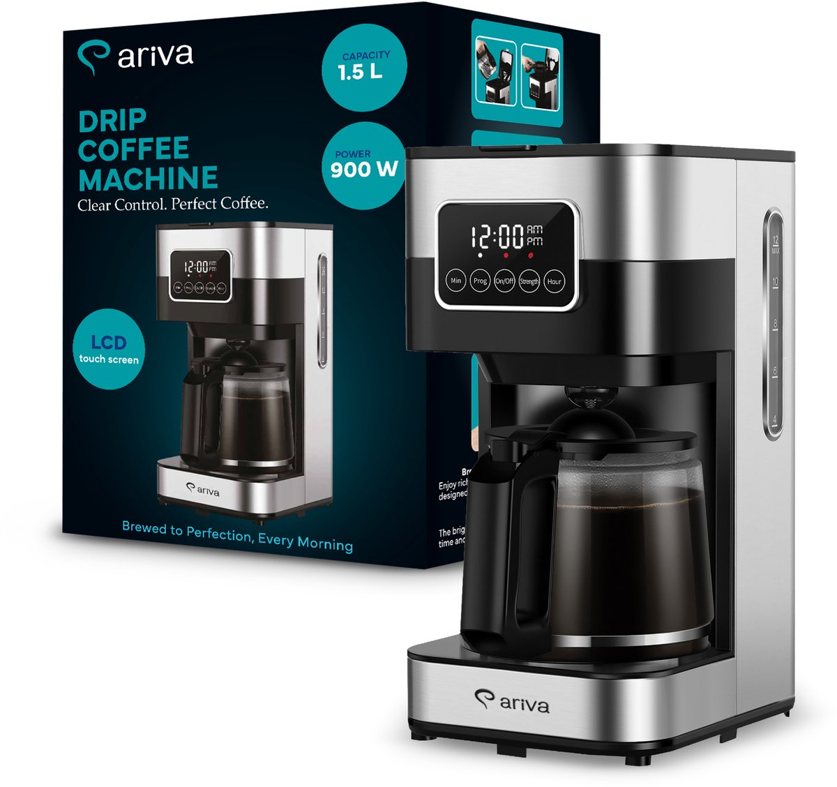 ARIVA-Filter koffiezetapparaat-Touchscreen-1.5L-12 Kops-Programmeerbaar-Warmhoudfunctie-Anti-drup