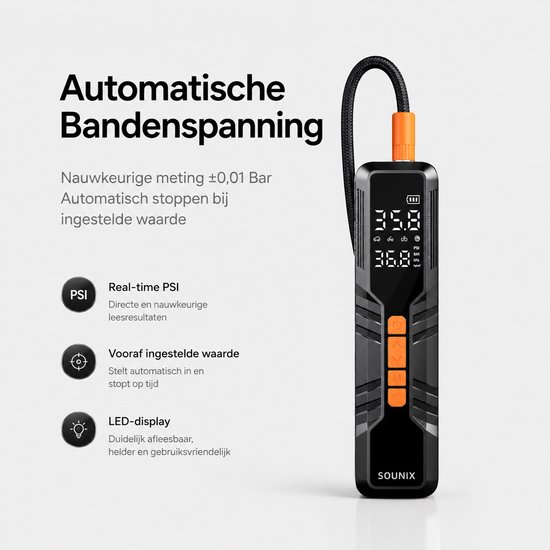 Sounix elektrische fietspomp - Oplaadbaar & Draagbaar - Tot 10.3 Bar - Voor Fiets, Scooter, Motor en Auto - Elektrische Bandenpomp — afbeelding 2