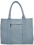 Achterkant van lichtblauwe denim shopper met een vak met rits.