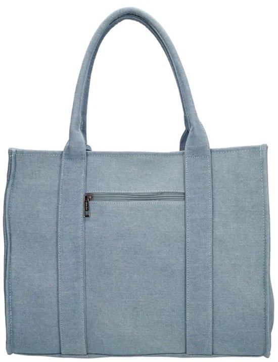 Achterkant van lichtblauwe denim shopper met een vak met rits.