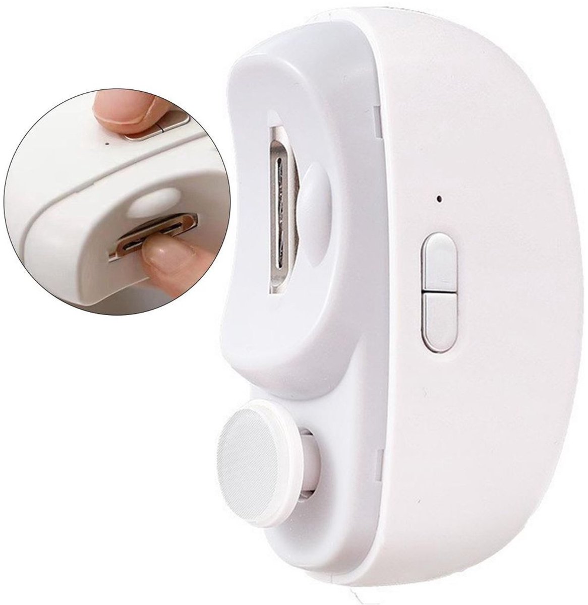 Elektrische nageltrimmer voor kinderen en volwassenen, automatische nagelvijl met verlichting, twee snelheidsstanden, veiligheidsmodus, Type-C opladen, wit.