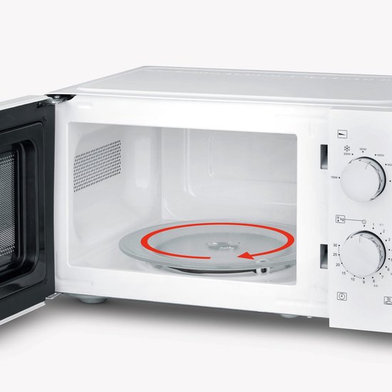 Open witte Severin magnetron met draaiplateau en rode draairichtingpijl.