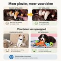 Vergelijking van honden tanden en gedrag voor en na het gebruik van speeltjes, met hondjes die spelen.