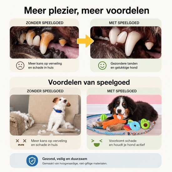 Vergelijking van honden tanden en gedrag voor en na het gebruik van speeltjes, met hondjes die spelen.