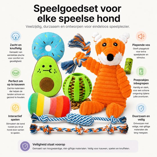 Een hondenspeeltjes set met een blauwe donut, groen avocado speeltje, regenboog speeltje, oranje vos speeltje, groene bal en touwen.