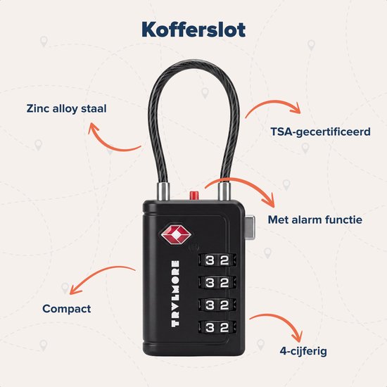 Zwart, 4-cijferig TSA-goedgekeurd kofferslot met een flexibele kabel. Het slot heeft een alarmfunctie en is gemaakt van zinklegering.