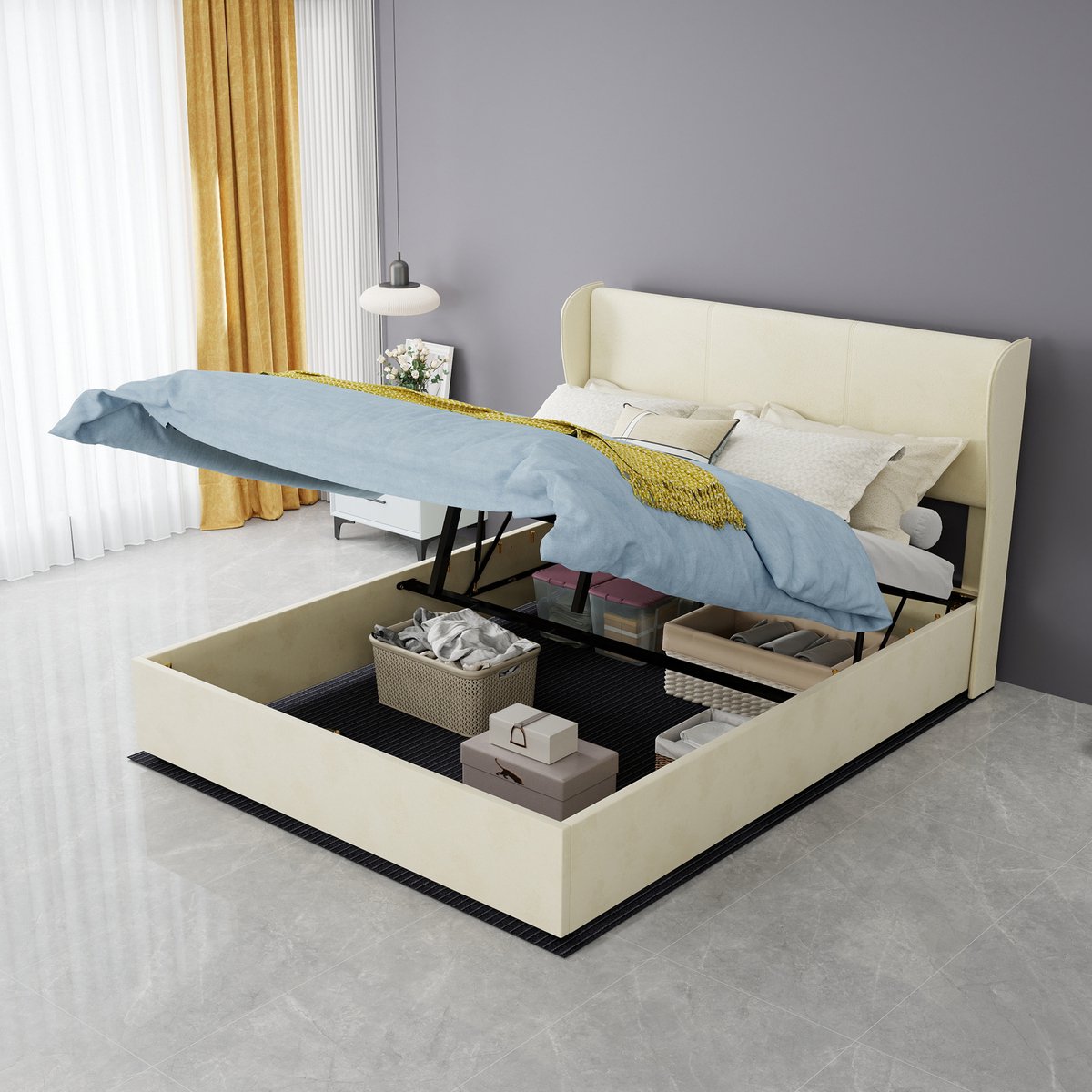 MODFU Bedframe - Gestoffeerd Hoofdbord En Rugleuning - Modern - Slaapkamer - Stof En Metaal - Beige - 140 X 200 Cm