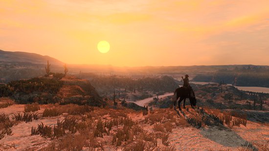 Silhouette van een man op een paard, kijkend naar een zonsondergang boven een bergachtig, dor landschap met cactussen.