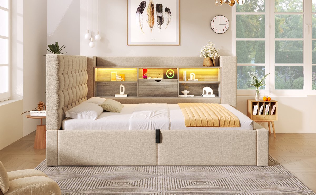MODFU Gestoffeerd Eenpersoonsbed - Ledverlichting En Hydraulische Opbergruimte - L-Vormig Hoofdbord - Linnen - Beige - 90 X 190 Cm