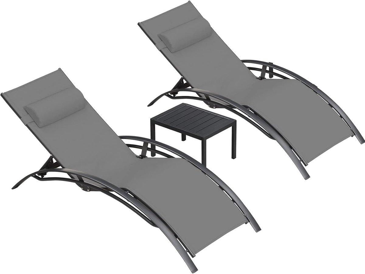 Purple Leaf Bains de soleil en aluminium avec coussins - Lot de 2 + table - Gris