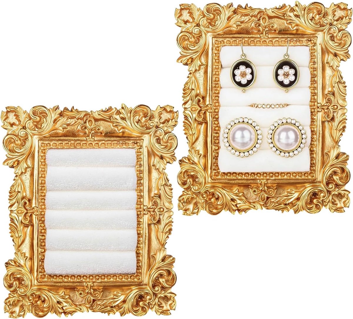 2 stuks vintage ringhouders, goudkleurig, rechthoekig, sieradenstandaard, fluwelen sieradendoos, standaard, frame, kettingorganizer, oorbellenbakje voor verjaardag, jubileum, verloving, bruiloft decoratie| Cyslmuk®