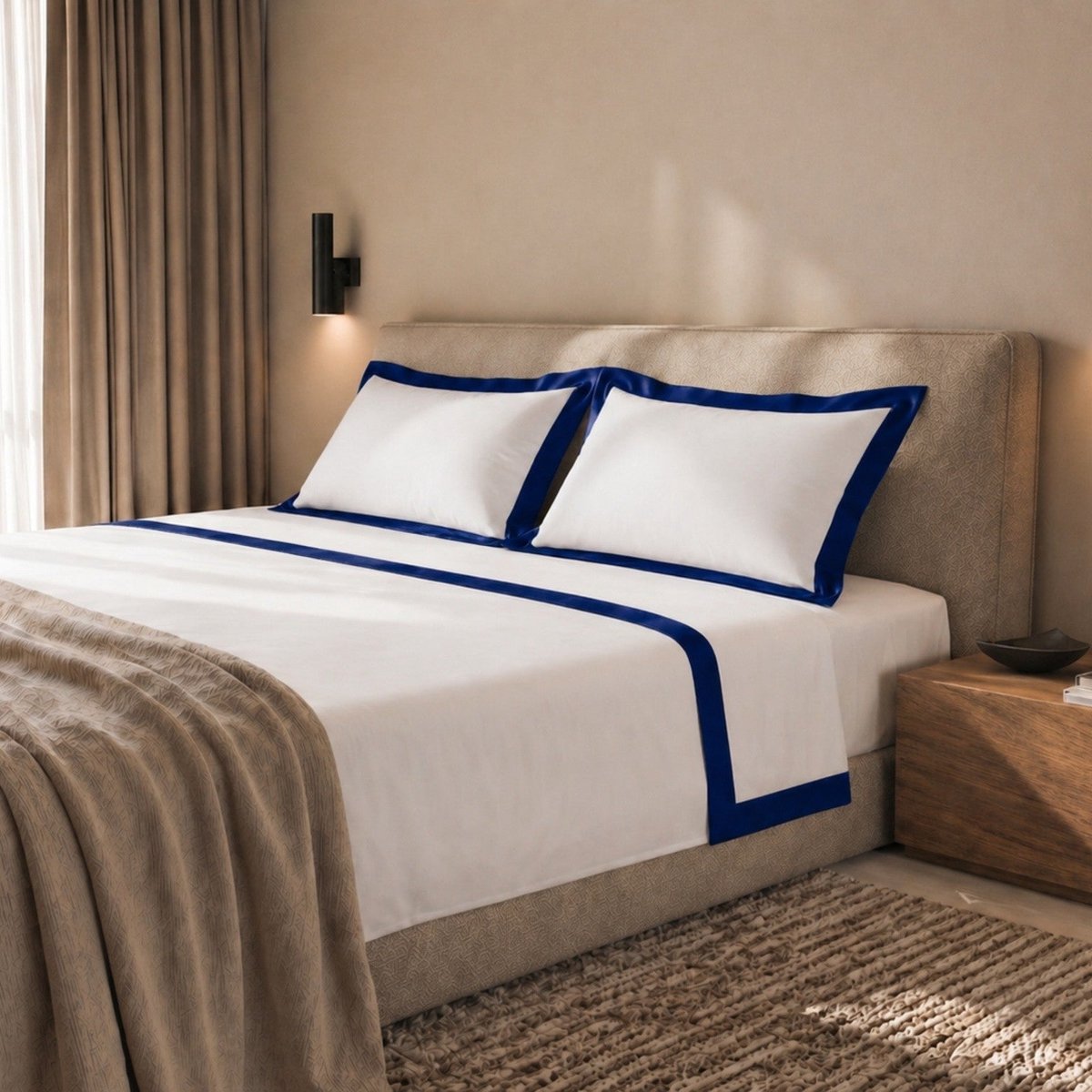 The White Stone Lakenset Tweepersoons 100% Katoen met Decoratieve Satijnen Rand Blauw | Hoeslaken 175x200 cm, Laken 250x295 cm en 2 Bijpassende Kussenslopen