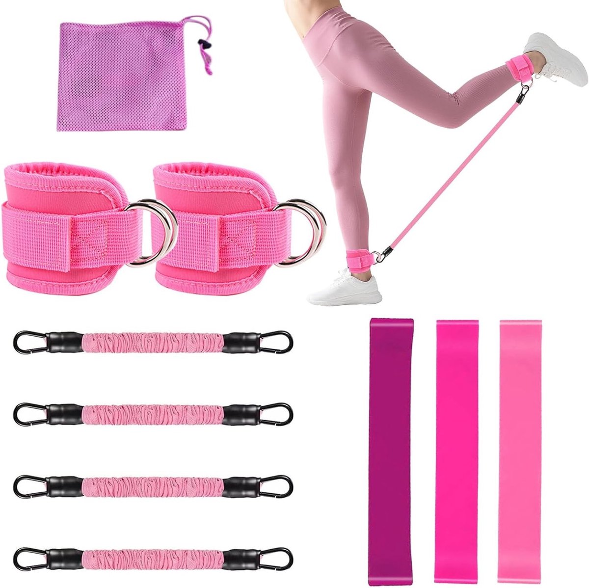 Set van 10 Weerstandsbanden met Enkelbanden en Draagtas voor Thuisfitness en Effectieve Workout