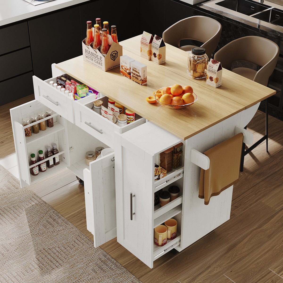 MIVRAY Keukeneiland - Uitklapbaar Tafelblad En Opbergruimte - Voor Keuken En Eethoek - MDF En Metaal - 110 X 46 X 90,5 Cm - Wit