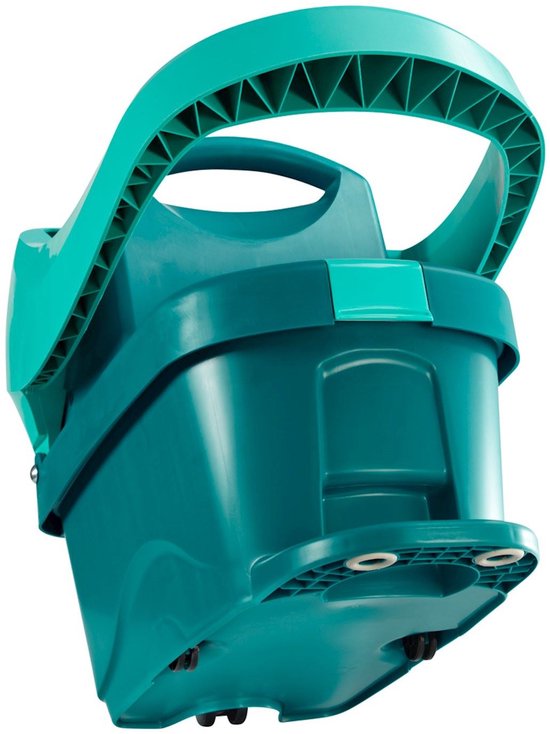 Seau turquoise avec roulettes et une poignée solide, vu par le dessous.