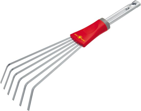 Wolf-Garten multi-star bladhark met rood handvat en metalen tanden.