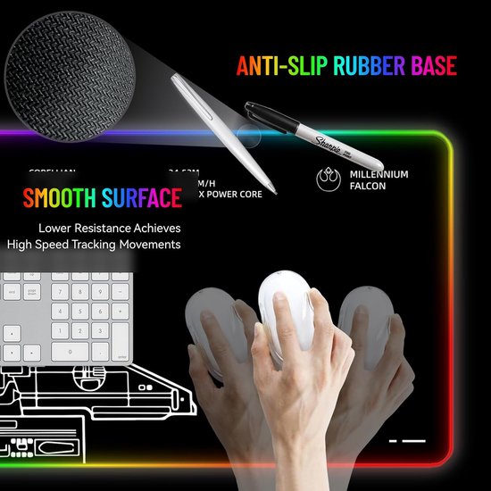 RGB Muismat - Bureaumat LED - Gaming Setup - Glad & Antislip Oppervlak - 76x30 cm - Zwart — afbeelding 3