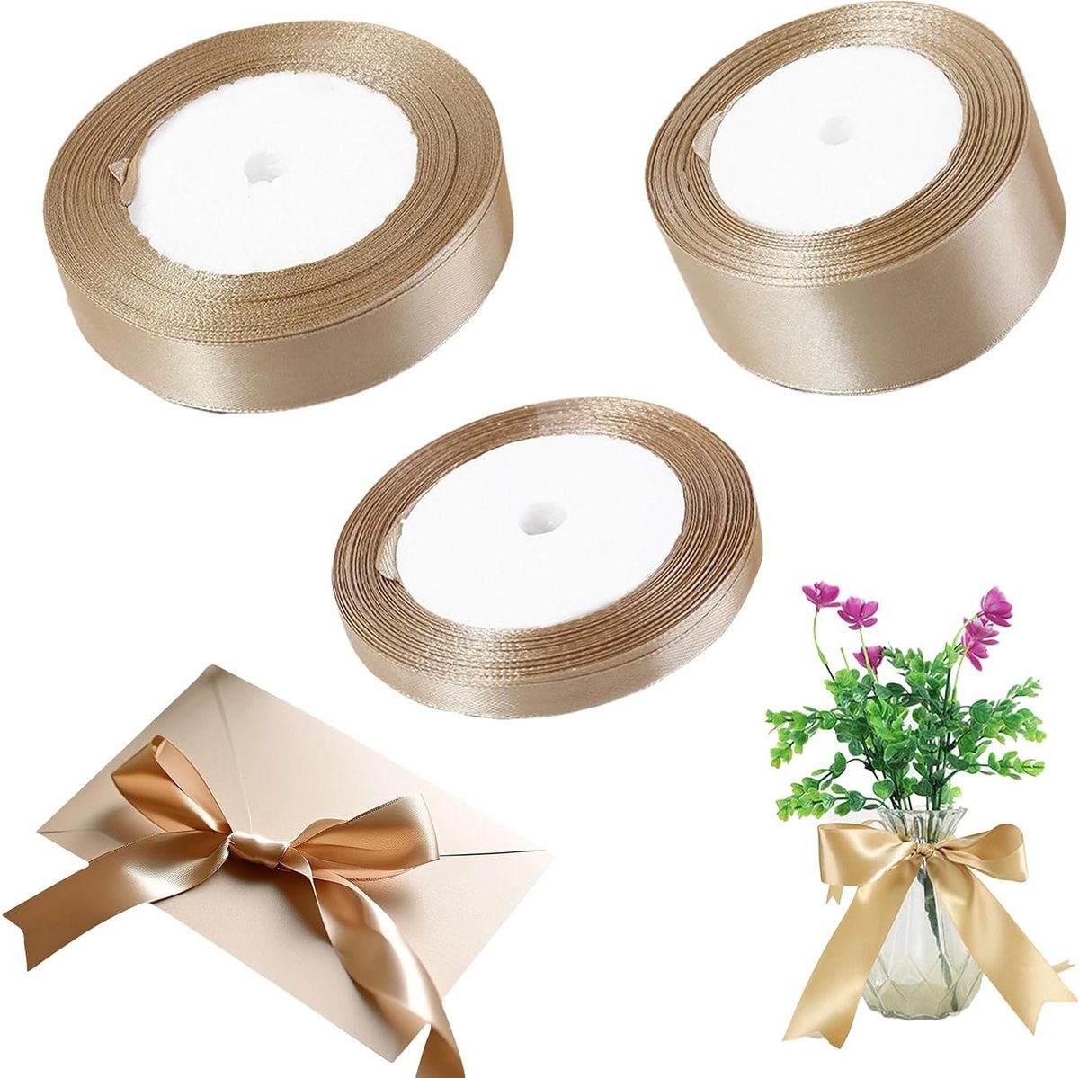 Gouden Satijnen Lint Set van 3 Rollen voor Decoratie, Perfect voor Kerst, Bruiloften en Valentijnsdag