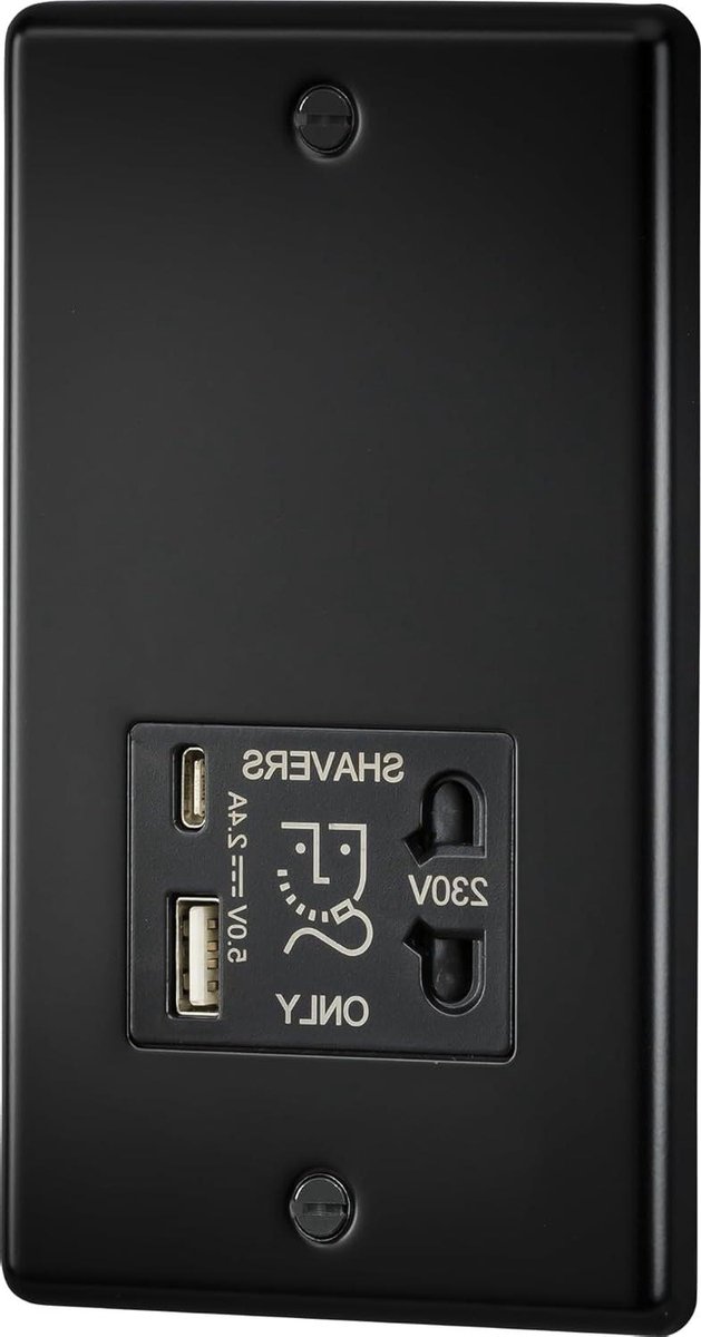 Scheerapparaat Stopcontact - Stopcontact met USB - Badkamer Opladen - Dubbele USB A+C - 230V - Mat Zwart