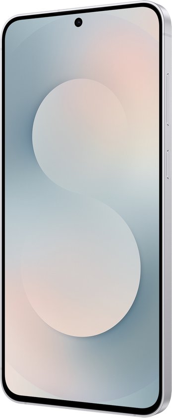 Witte smartphone met zilverkleurige rand. De zijkant met volumeknoppen en aan/uitknop is zichtbaar.