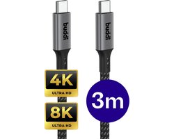 Buddi Flex USB-C naar USB-C Kabel - Power Delivery - 4K/8K@60Hz Video kabel - 20Gbps Dataoverdracht - Beeldscherm Display Monitor PC Kabel - O.a compatibel met laptop, PC & Macbook - 3M - Zwart