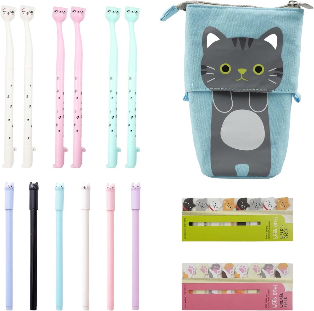 Schattige Katten Pennenhouder met 12 Zwarte Gelpennen en 240 Index Tabs, Kawaii Stationery en Schoolbenodigdheden (Blauw)