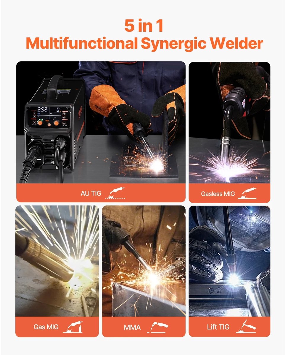 5-in-1 MIG-lasapparaat 200 Amp - Pluse Mig-lasmachine - Gas MIG - Flux Core MIG - Stick - Lift TIG - AU TIG met LCD-scherm – foto 5