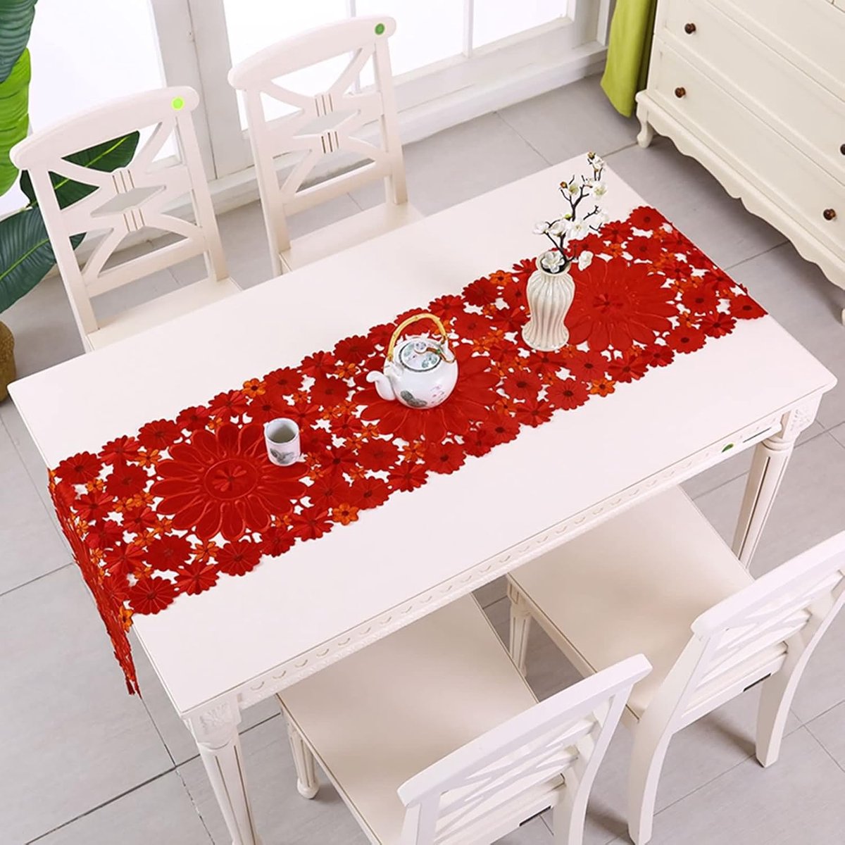 Tafelloper - Tafelkleed Runner - Decoratie Tafel - Hol Geborduurd - 38 x 176 cm - Rood
