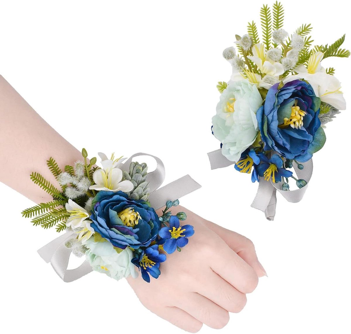 Pols Corsage Bloem - Bruidsbloem Boutonniere - Bruiloft Decoratie - Verstelbaar Lint - 2 stuks - Blauw