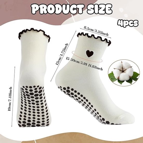 Antislip Sokken Dames - 4 Paar - Yoga & Pilates Sokken - Met Hartjes & Ruches - Grip Sokken - Maat 36-40 van Merkloos — afbeelding 5