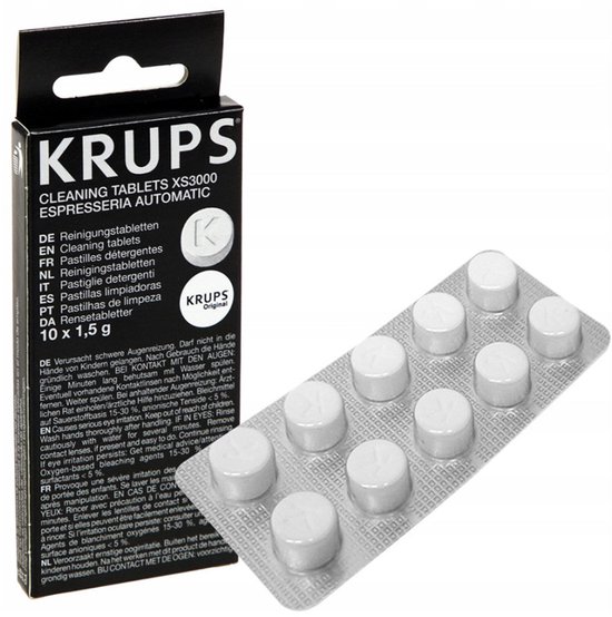 Verpakking met 10 KRUPS reinigingstabletten van 1,5 gram per stuk.
