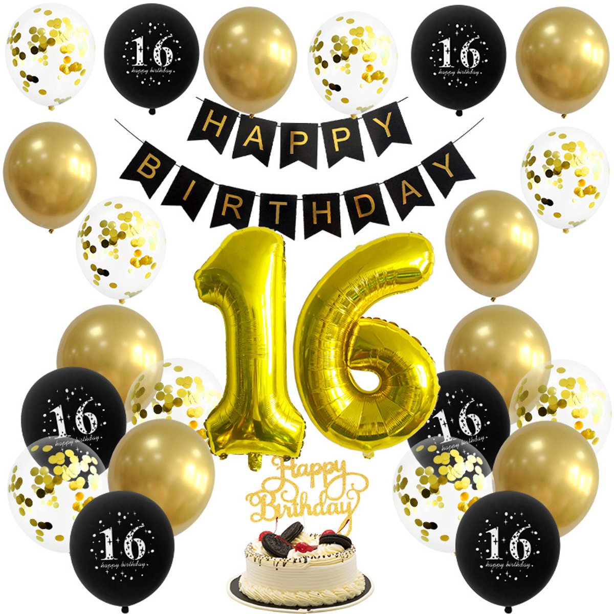 Verjaardag Versiering - 16 Jaar - Zwart Goud