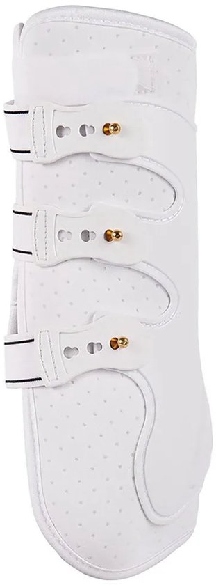 Witte peesbeschermers met drie gespen met gouden details en geperforeerd materiaal.