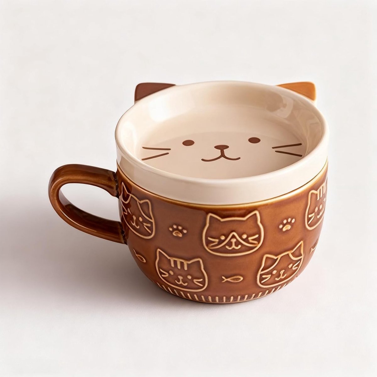 Koffiemok met deksel in schattige kattenstijl, perfect cadeau voor kattenliefhebbers, verjaardagen en speciale gelegenheden, bruin