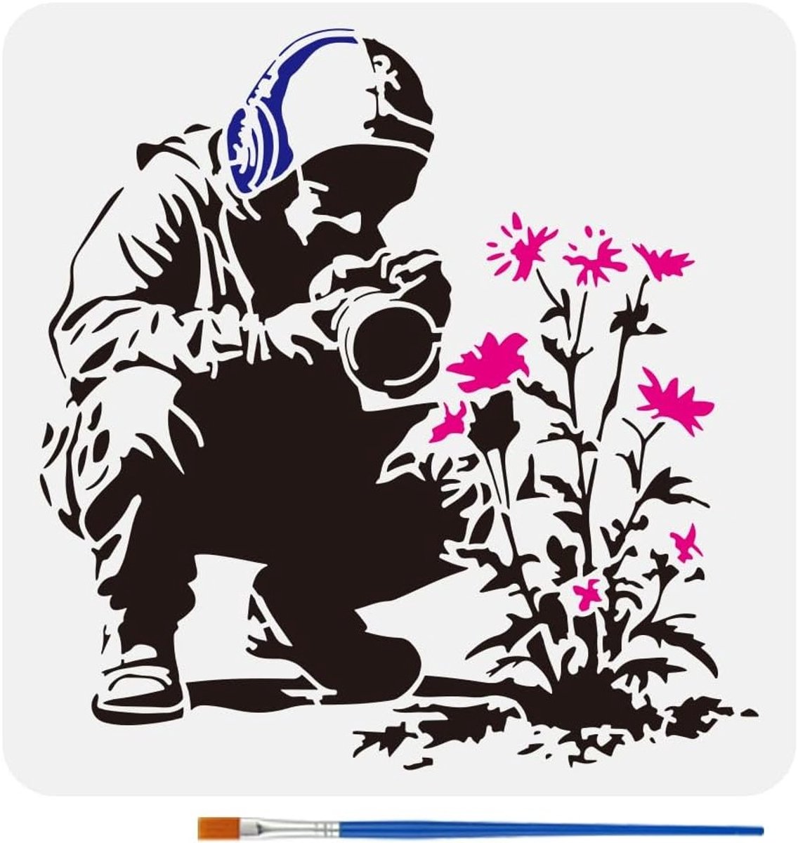 Banksy Stijl Schildertemplate met Kwast, 30 x 30 cm, Hoofdtelefoon Jongeman met Camera voor Fotografie, Creatief Schilderen en Wanddecoratie