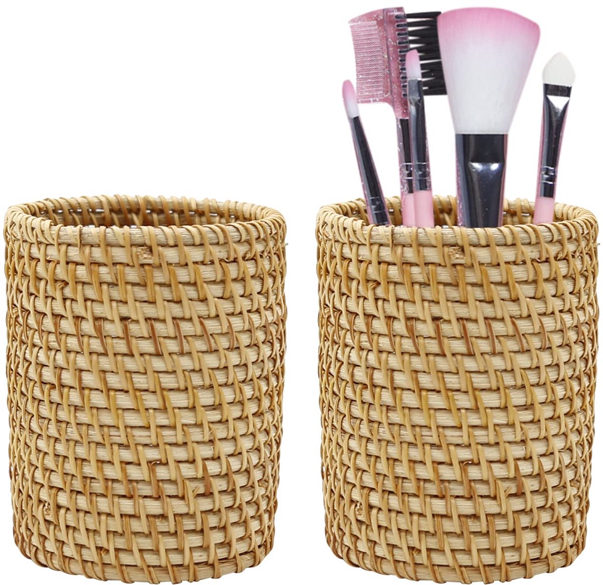 carmdering - Rotan Pennenhouder - Cilindrisch - Bureaupotloodhouder - Set van 2, diameter 8 cm, hoogte 10 cm, handgeweven - Stevig en duurzaam rotan, ademend en milieuvriendelijk - Veelzijdig voor pennen, potloden en paperclips