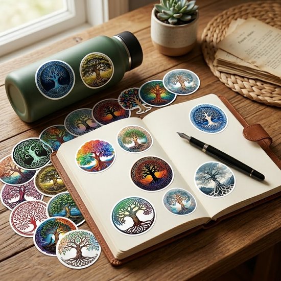 Multikleur stickers set beide 50 stuks levensboom illustraties rond design spiritueel patroon decoratieve stickers set waterbestendig mat