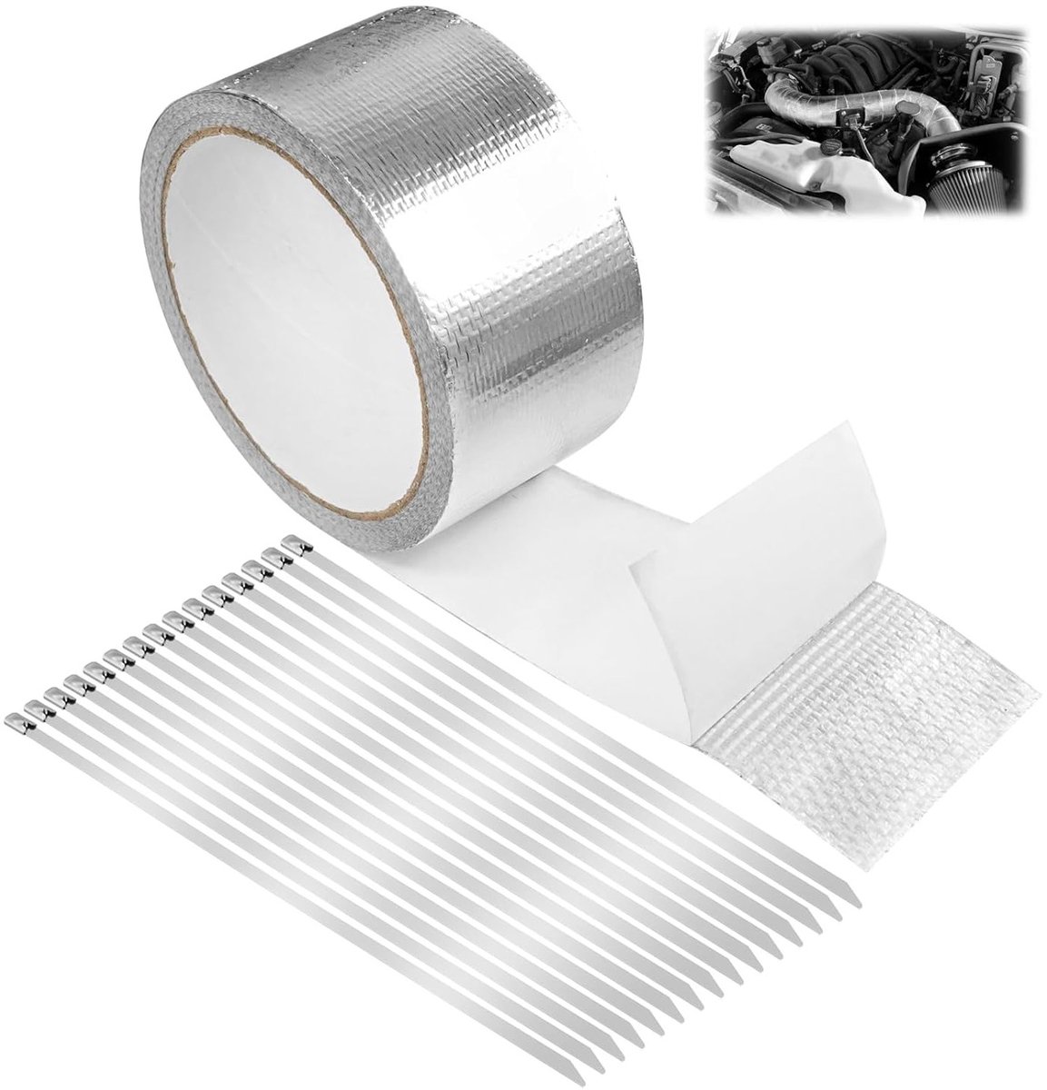 Hittebestendige uitlaatband 10m x 5cm, zelfklevende afdichtband met 15 RVS kabelbinders, aluminium tape voor auto en motor uitlaat systeem