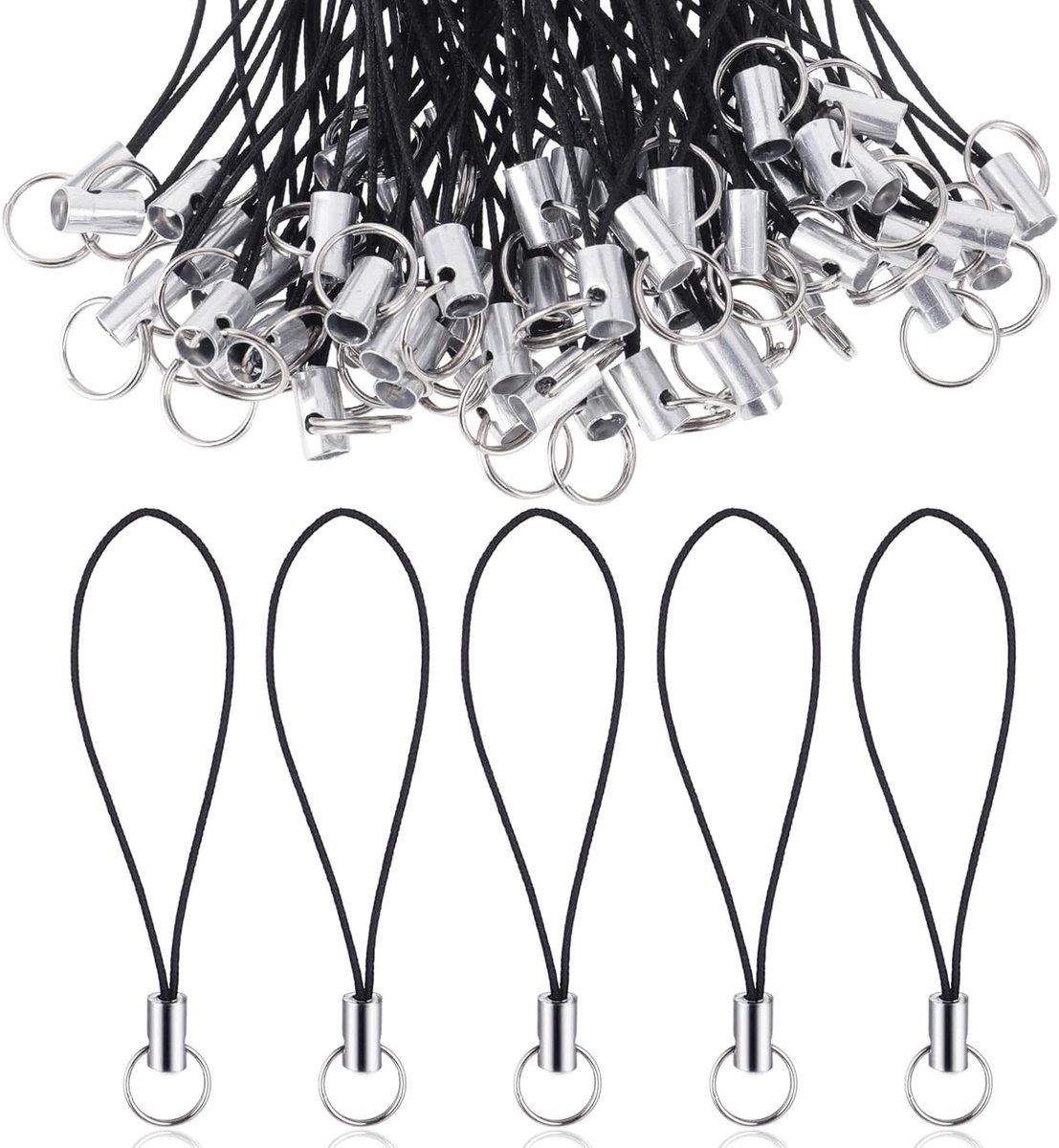 100 Stuks Mobiele Telefoon Pendant Lussen, Eenvoudige Telefoonkettingen met Karabijnhaak, Sleutelhanger en DIY Touw voor Telefoonaccessoires