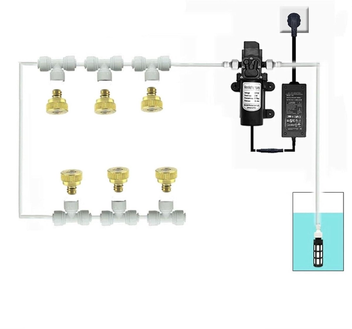 Spuitnevelkoeling Terras - Waterverstuiver Tuin - Buitenkoeling - 12V Pomp - 10 Meter Slang - Zwart