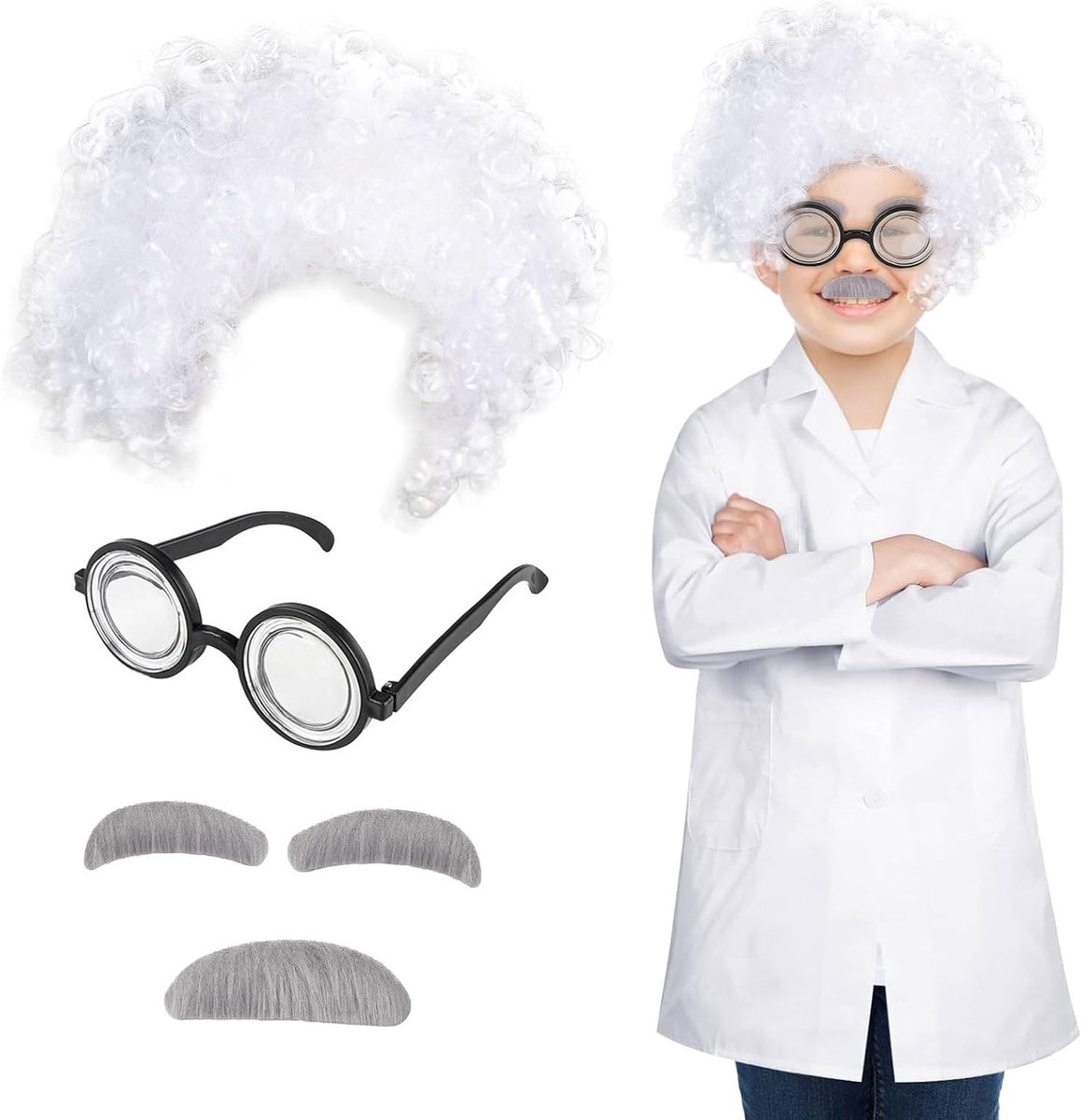 4-delig Crazy Scientist Kostuum met Laboratorium Peruk, Grappige Nerd Bril en Snor voor Feestjes en Festivals