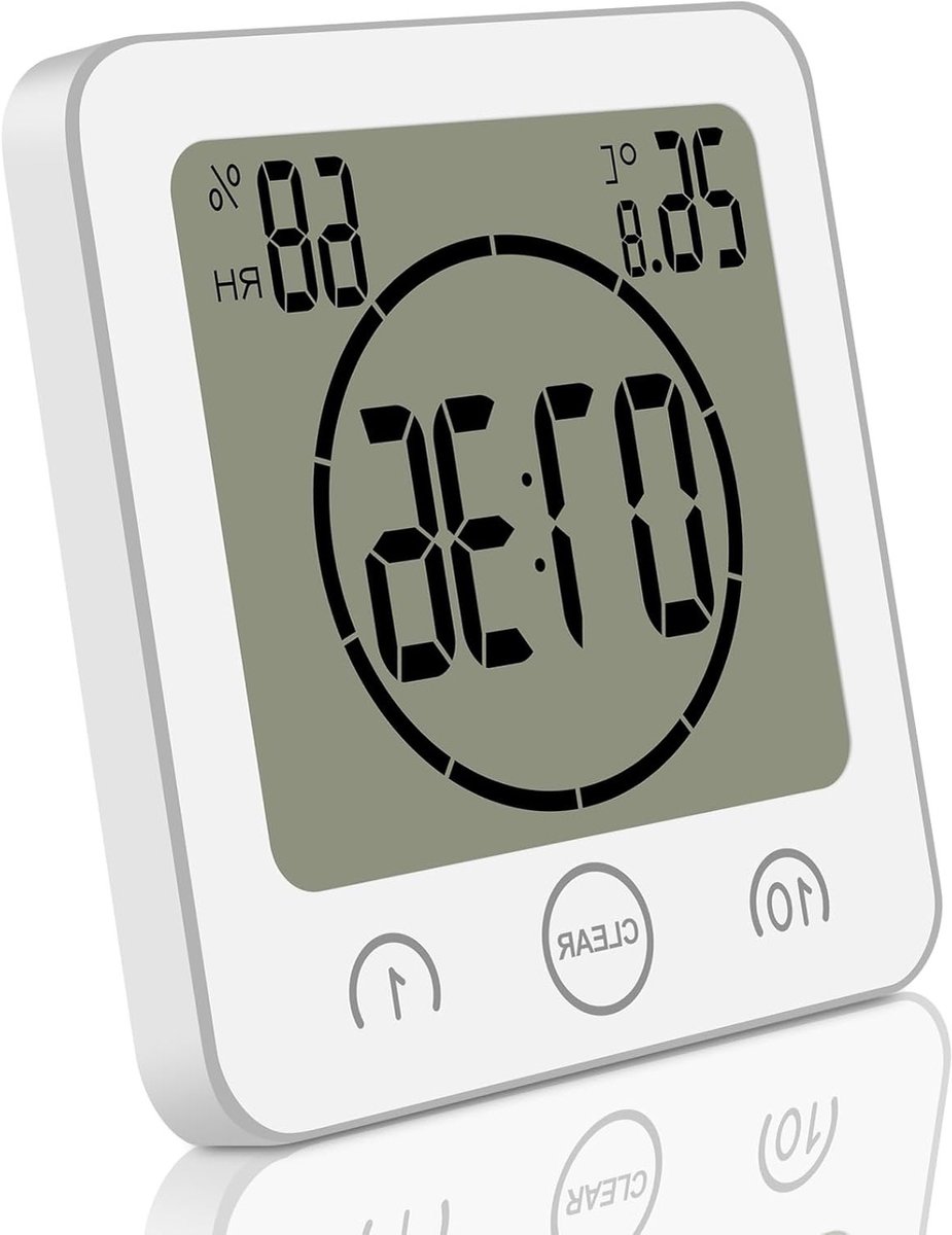 Waterdichte digitale klok voor badkamer en keuken met zuignap, hygrometer, thermometer en groot scherm – batterij-aangedreven alarmklok voor binnengebruik