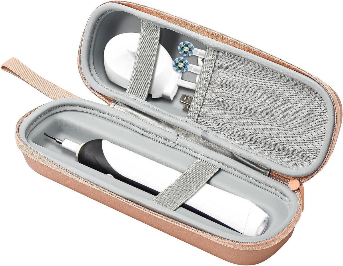 Reis Etui voor Elektrische Tandenborstel met Netzak, Hard Cover en Opbergruimte voor Oral B en Philips Tandenborstels, Roze Goud, Perfect voor Vakanties en Thuisgebruik