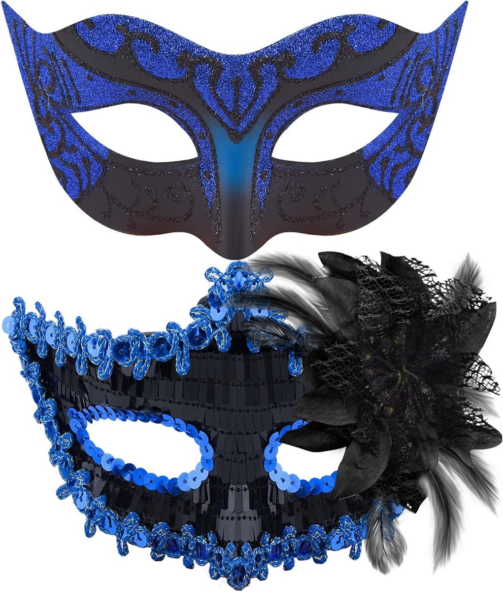 Set van 2 Venetiaanse Maskers voor Halloween en Carnaval - Zwart en Blauw Kostuum Maskers voor Mannen en Vrouwen, Feestaccessoires en Verkleedkleding
