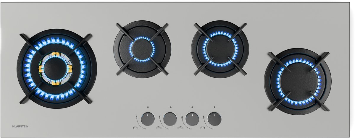 Klarstein Gaskookplaat Goldflame 4 Slim , 4 messing branders, 3,4 kW, 2,4 kW, 1,8 kW, 1 kW, SnapJet-ontsteking, vlamuitvalbeveiliging, gasfornuis met gietijzeren dwarsbalken, roestvrij staal, incl. slang en drukregelaar - 110 cm - voor Keuken