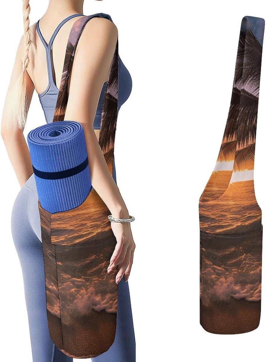 Yogamat Tas - Draagtas Fitness - Sportspullen Dragen - Grote Zijzak - 36"x15.7" - Palmboom Zonsondergang Strand